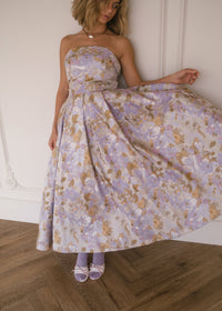 Lilac Anastelle strapless jacquard dress by JessaKae, featuring intricate woven patterns and a fitted silhouette.