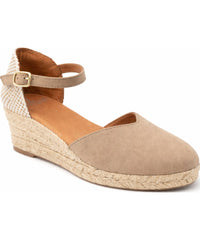 Menina Step Jimena Small Strap Taupe heeled sandal in camel suede, showing side angle detail with a small strap design.