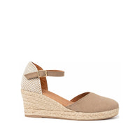 Jimena Small Strap Taupe heeled sandal by Menina Step with suede straps, ankle strap, and open toe, handmade in Spain.