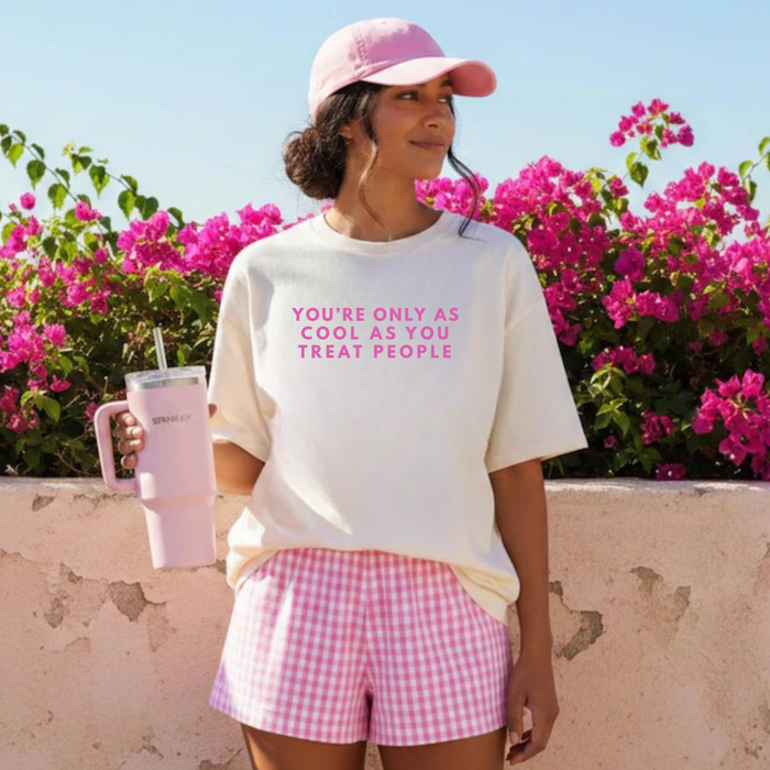 JOCOink shirt featuring the phrase "You’re only as cool as you treat people" in bold lettering, casual fit, front view.