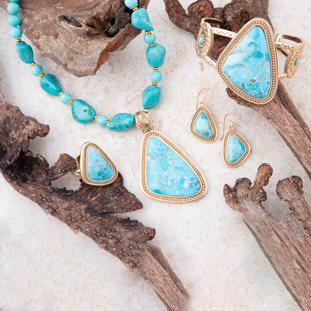 Blue turquoise triangle pendant necklace by Barse Jewelry featuring a golden chain and elegant jewelry design.