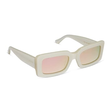 Indy by DIFF polarized sunglasses with clear opaline frames and dark tinted lenses, stylish and protective eyewear.