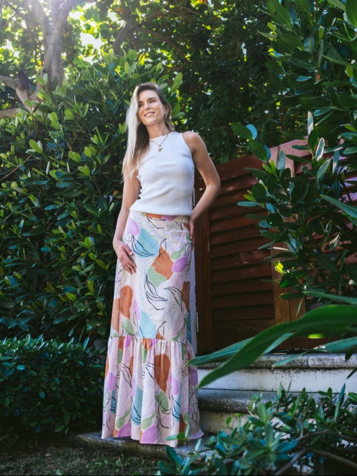 Kahora Palm Beach Lizzie Skirt in cabana fabric with vibrant tropical print, lightweight and flowy for summer style.
