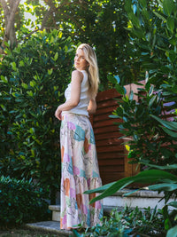 Kahora Palm Beach Lizzie Skirt in cabana print, lightweight flowy skirt with tropical palm pattern, perfect for summer wear.