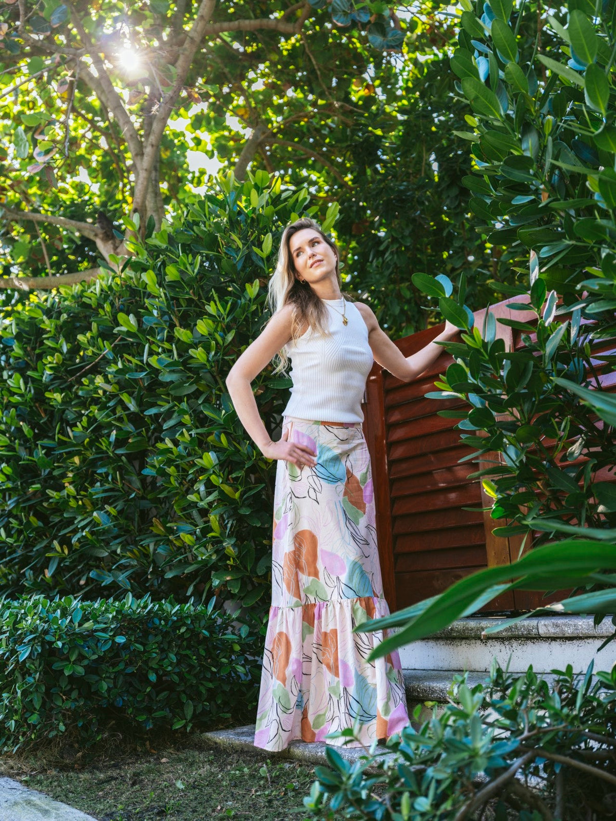 Kahora Palm Beach Lizzie Skirt in cabana print, made from lightweight fabric, with a flowy design perfect for summer outfits.