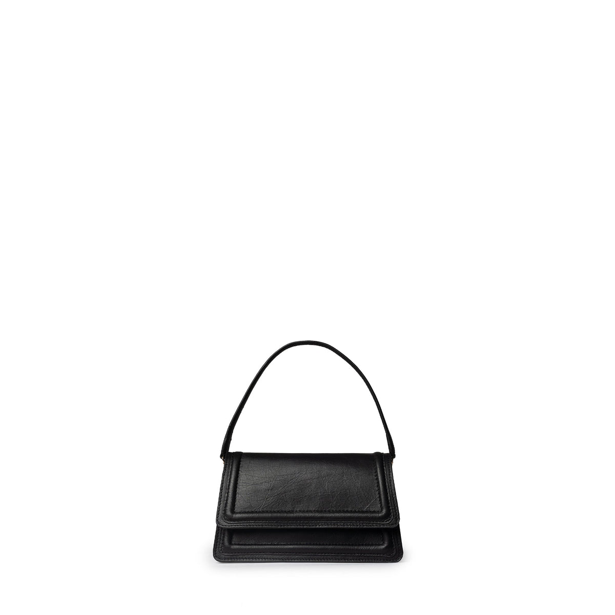 Black leather mini crossbody handbag by Kila Siku, featuring a sleek design with adjustable strap and compact style.