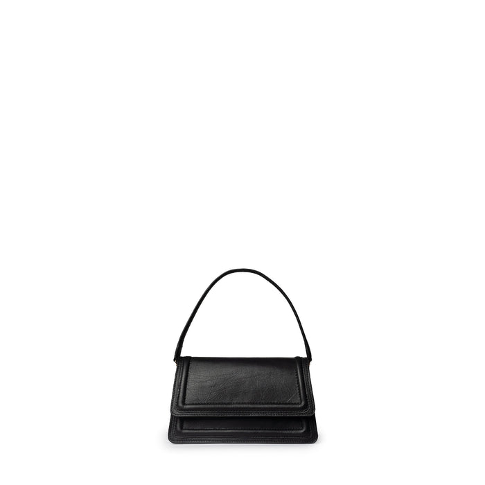 Black leather mini crossbody handbag by Kila Siku, featuring a sleek design with adjustable strap and compact style.