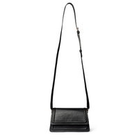 Black leather mini crossbody bag by Kila Siku with adjustable strap and sleek design, shown on a neutral background.