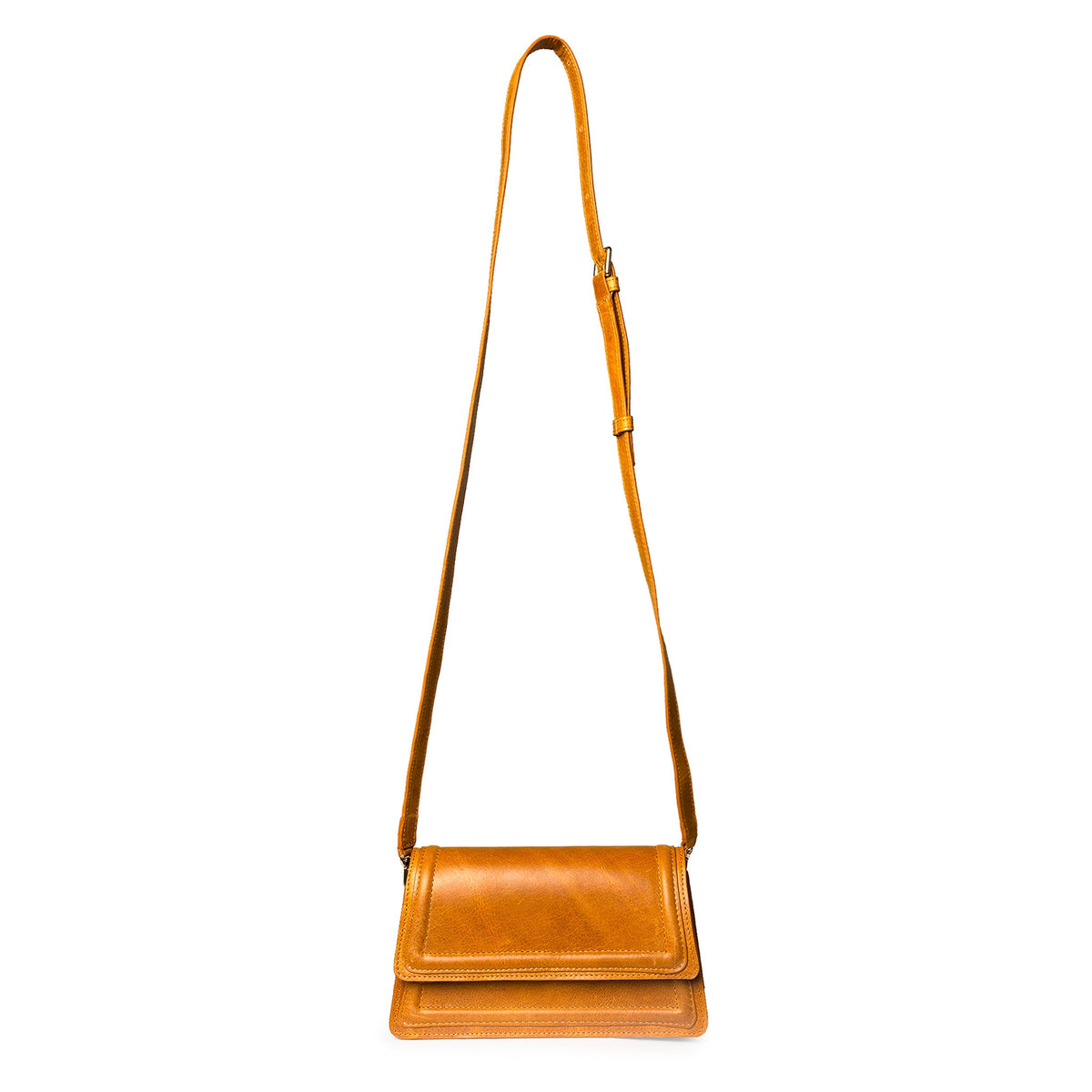 Camel leather mini crossbody bag by Kila Siku, featuring a sleek design and adjustable strap, perfect for everyday use.
