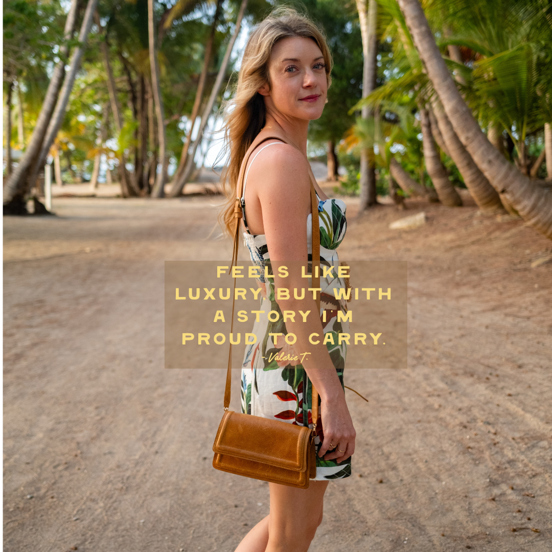 Camel leather mini crossbody bag from Kila Siku with a compact design, adjustable strap, and sleek handbag style.