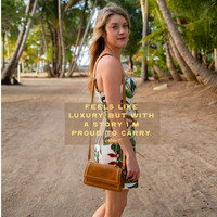 Camel leather mini crossbody bag from Kila Siku with a compact design, adjustable strap, and sleek handbag style.