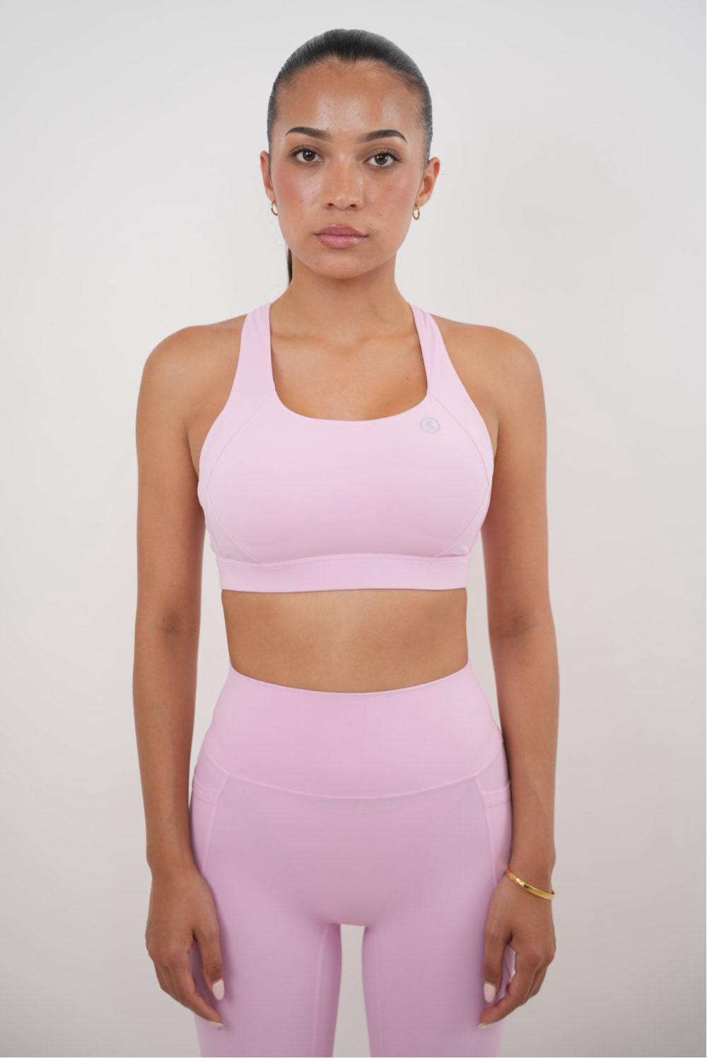 KIMITH BRAND pink blossom quick dry butter bra, soft and comfortable with vibrant pink floral design, fitted on a model.