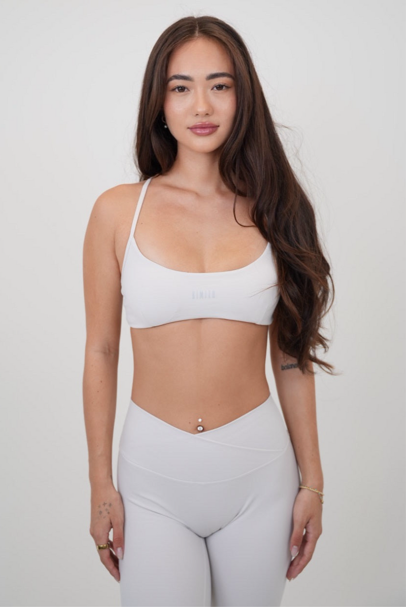 KIMITH BRAND My Time Is Divine Lime White cross-back butter soft bra with adjustable straps and smooth fabric.