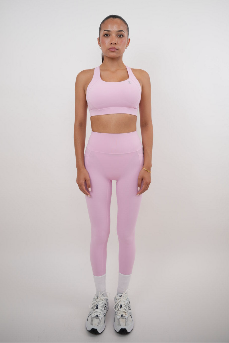 Pink Blossom quick dry butter leggings by KIMITH BRAND, close-up showing soft fabric and vibrant pink floral design.
