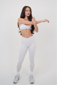 KIMITH BRAND My Time Is Divine Lime White Sculpt V-Waist Legging with high waistband and stretchy fabric, close-up view of the legging.