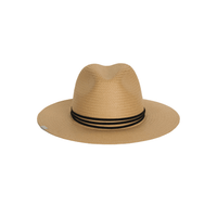 Packable straw hat from KIN THE LABEL's Elevated Collection with wide brim and stylish design, shown from the front.