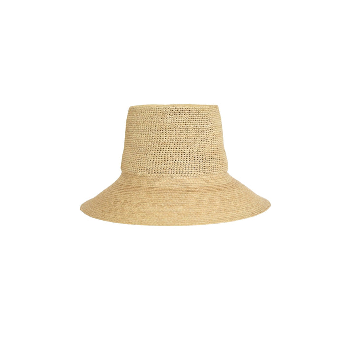 Straw bucket hat from KIN THE LABEL's Bucket Collection, featuring woven raffia material and a wide brim for sun protection.