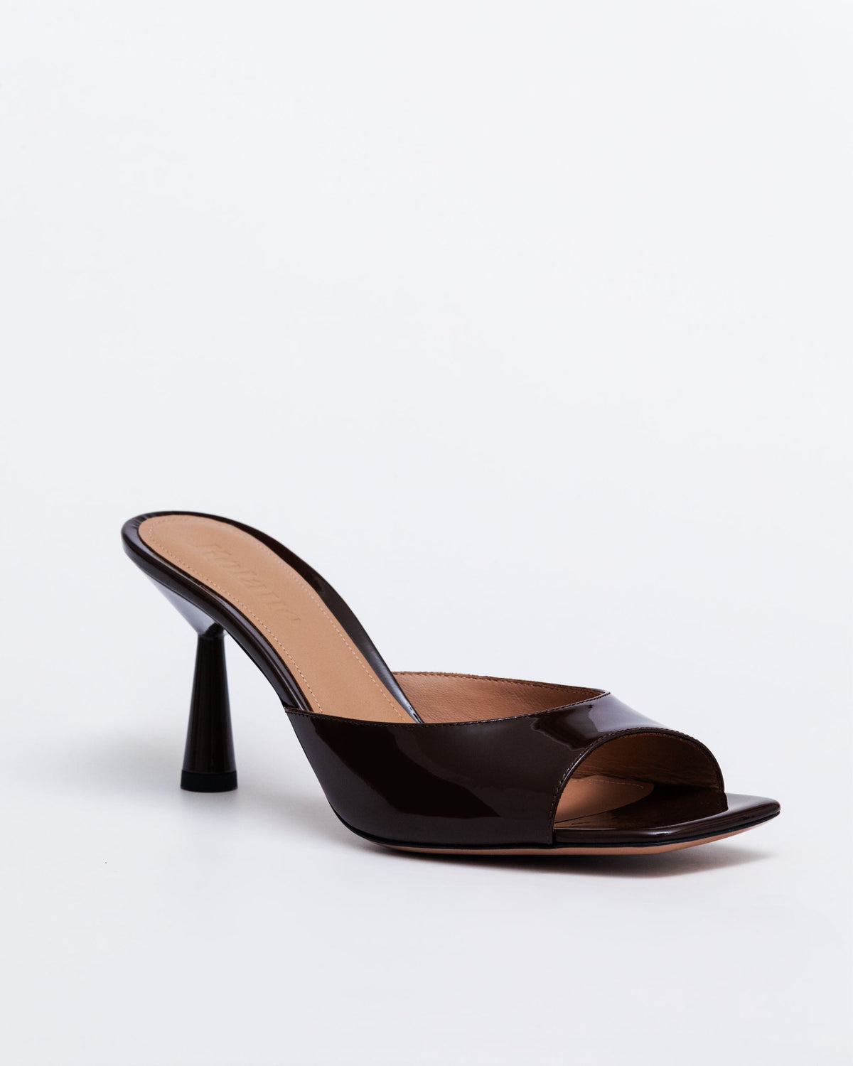 Chocolate brown Kolane Greta Mule Heels made of leather, featuring a sleek slip-on mule design and 36 size.