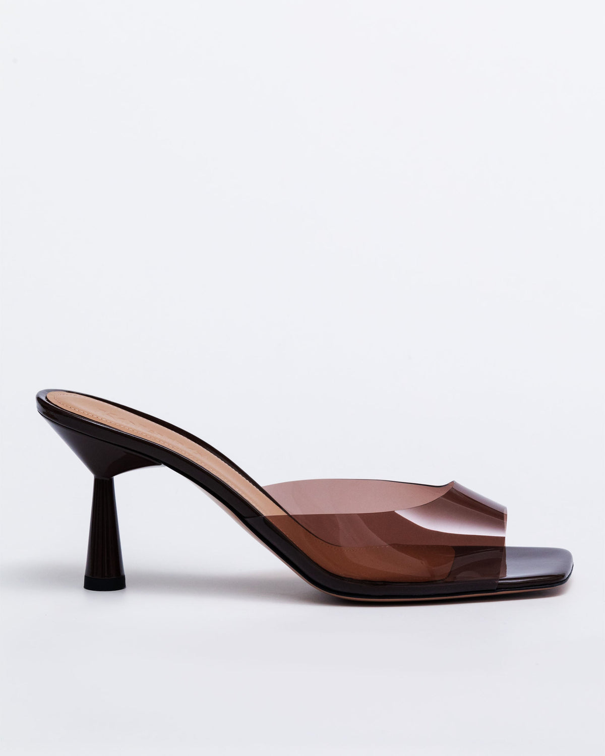 Chocolate brown Kolane Greta Mule with PVC heels, slip-on mule style, featuring a sleek design and comfortable fit.