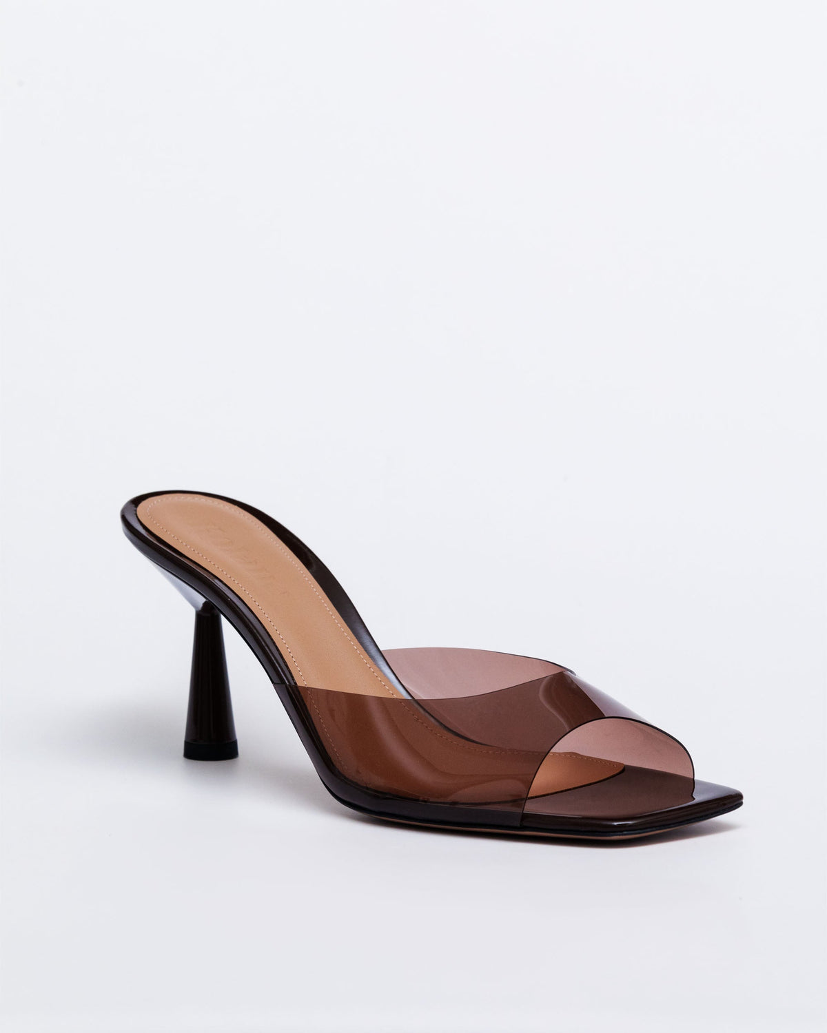 Chocolate brown Kolane Greta Mule with PVC heels and open back design, size 36, featuring a stylish slip-on mule silhouette.