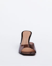 Chocolate brown Kolane Greta Mule with PVC heels, stylish slip-on mule featuring a sleek design and comfortable fit.