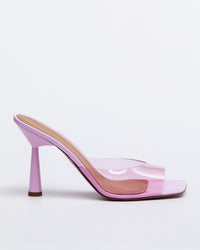 Pink Kolane Margot Mule Heels with a 90 PVC sole, featuring a sleek slip-on design and stylish curved heel.