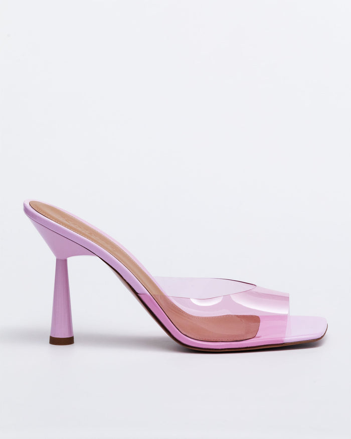 Pink Kolane Margot Mule Heels with a 90 PVC sole, featuring a sleek slip-on design and stylish curved heel.