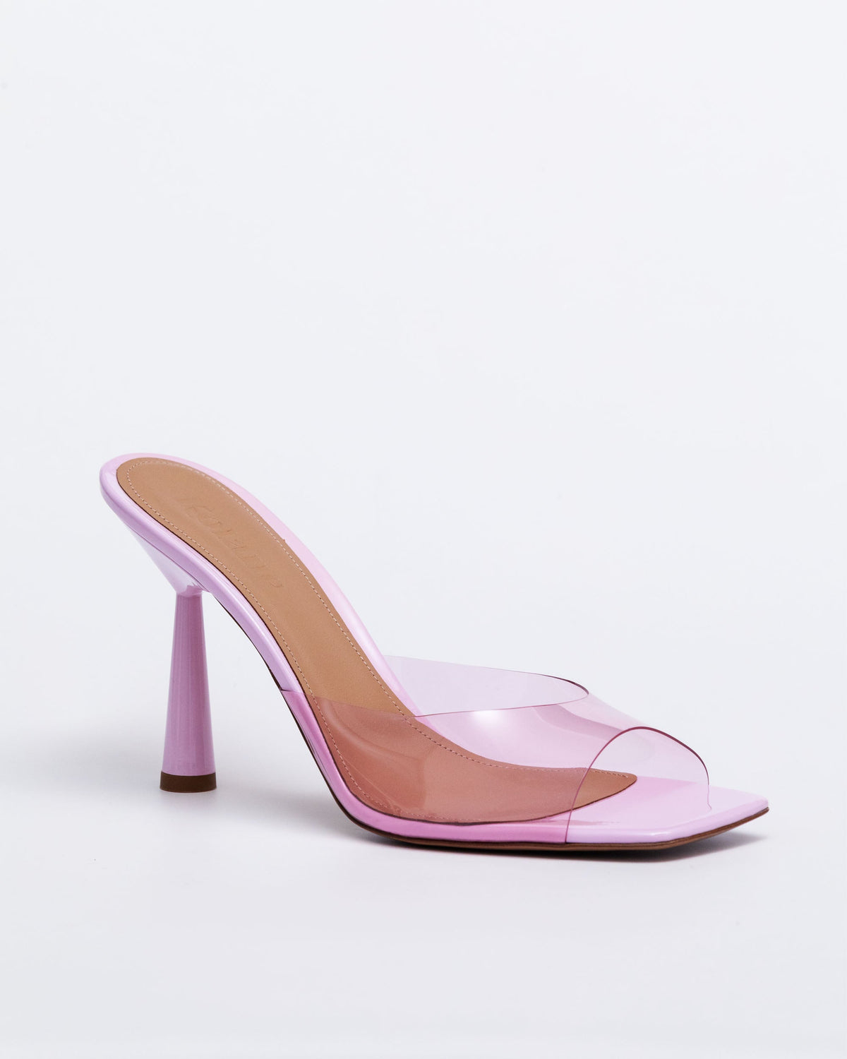 Pink Kolane Margot Mule heels with a sleek slip-on design and 90mm PVC heel, showcased on a white background.