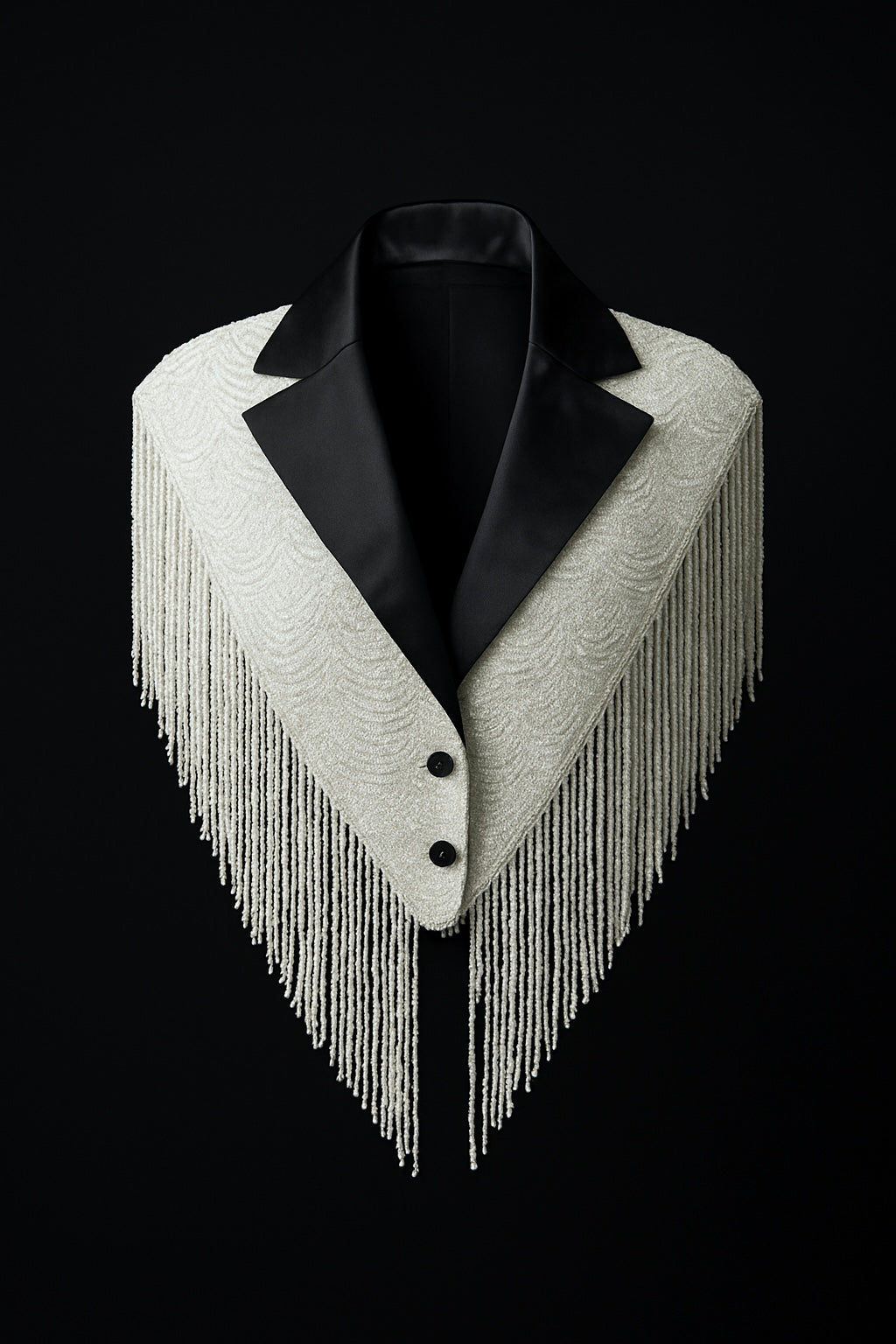 L'Jai Amor CEO Energy Cape draped over a mannequin showcasing its vibrant, flowing fabric and stylish design.