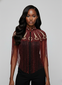 L'Jai Amor Cherry Peacock Cape with vibrant red and peacock feather pattern, flowing lightweight fabric, and elegant design.