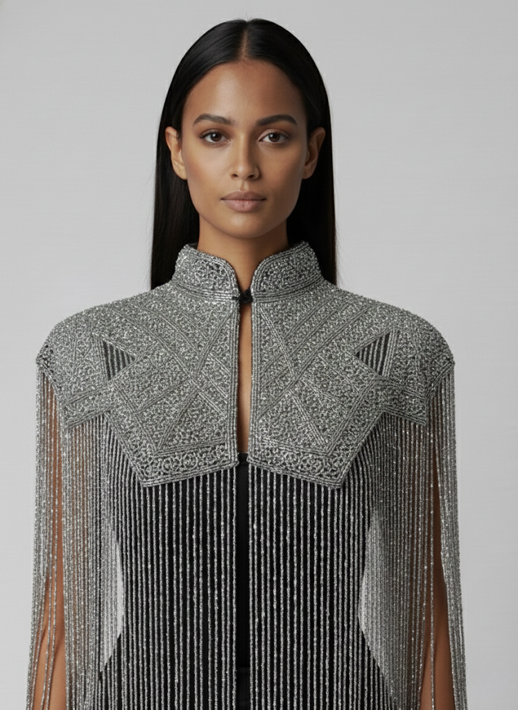 L'Jai Amor Argent Line Cape displayed flat, showing its elegant silver fabric and stylish design for fashion or formal wear.