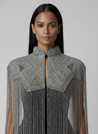 L'Jai Amor Argent Line Cape displayed flat, showing its elegant silver fabric and stylish design for fashion or formal wear.