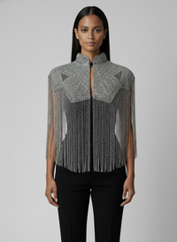 L'Jai Amor Argent Line Cape featuring elegant silver fabric with intricate detailing and a flowing, stylish design.