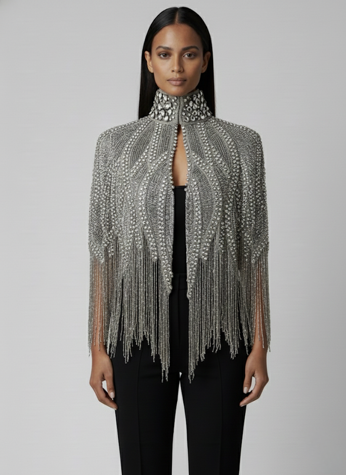 L'Jai Amor Argenté Cascade Cape draped over shoulders, showcasing shiny silver fabric with elegant flowing design.