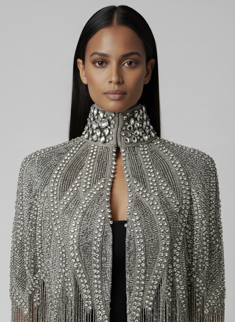 L'Jai Amor argenté cascade cape draped over a mannequin, showcasing flowing silver fabric with elegant design and intricate detailing.