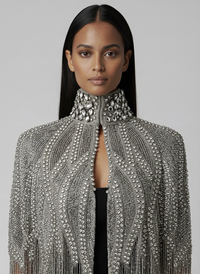 L'Jai Amor argenté cascade cape draped over a mannequin, showcasing flowing silver fabric with elegant design and intricate detailing.