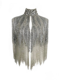 Silver cascade cape by L'Jai Amor displayed with flowing fabric and elegant drape, perfect for stylish layered looks.