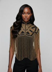 L'Jai Amor Axis Line Cape in elegant fabric, showcasing a flowing design with detailed stitching and stylish drape.