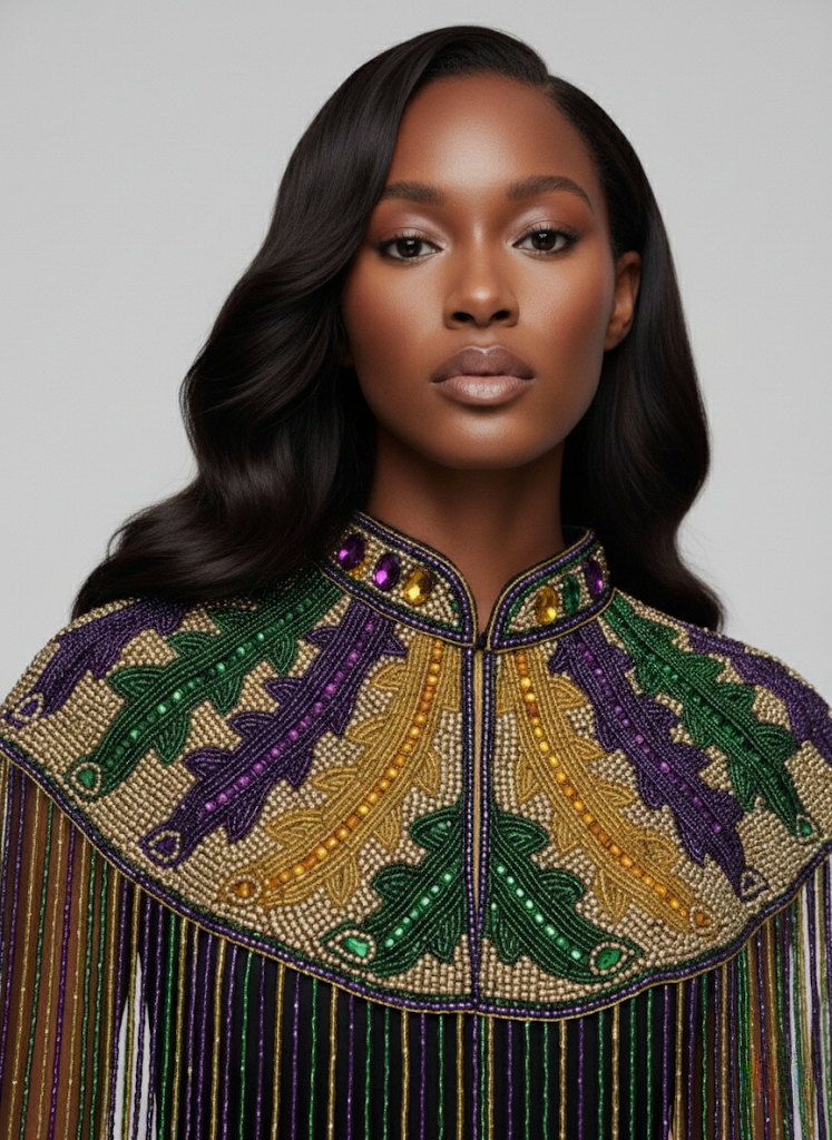 L'Jai Amor Big Chief Plume Cape with colorful feathers and beaded details for traditional or costume wear.