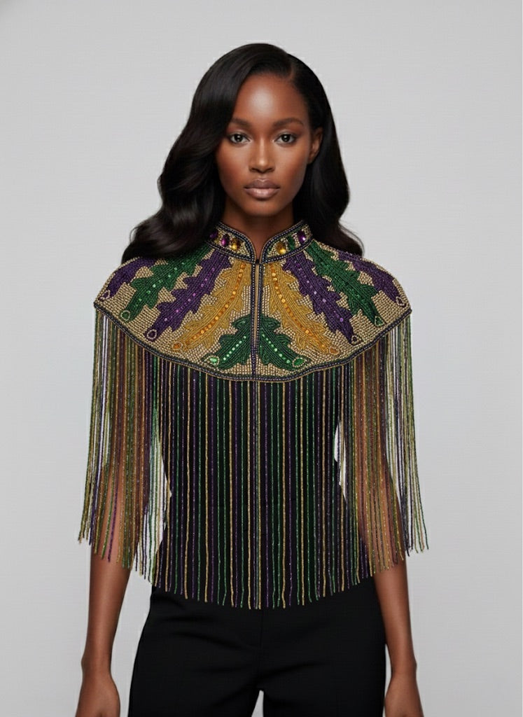 Big Chief Plume Cape by L'Jai Amor, featuring colorful feather accents and vibrant fabric for a bold, traditional costume accessory.