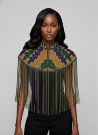 Big Chief Plume Cape by L'Jai Amor, featuring colorful feather accents and vibrant fabric for a bold, traditional costume accessory.