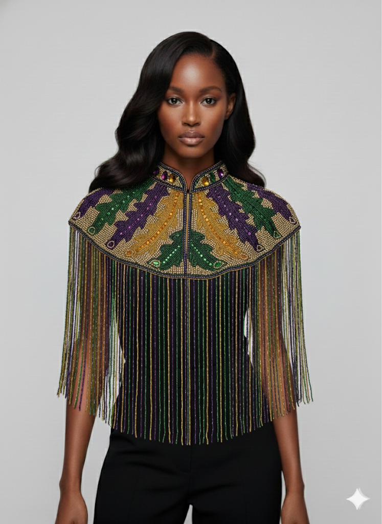 L'Jai Amor Big Chief Plume Cape featuring colorful feathers and traditional Native American-inspired design.