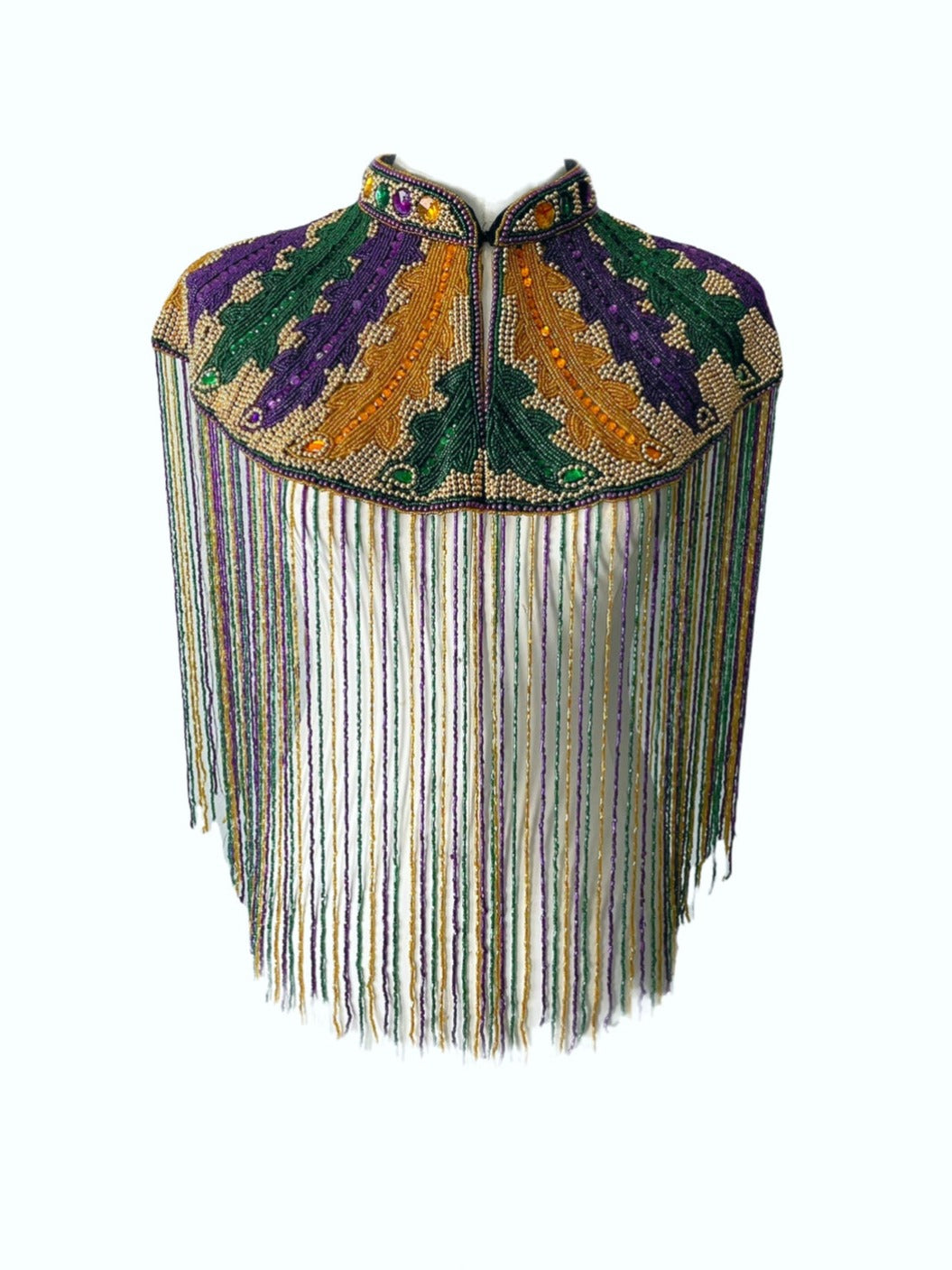 Big Chief Plume Cape by L'Jai Amor featuring colorful feathered design and traditional Native American-inspired embellishments.