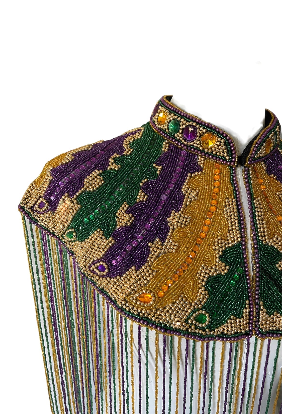 L'Jai Amor Big Chief Plume Cape with colorful feathers and intricate beadwork, displayed on a mannequin.