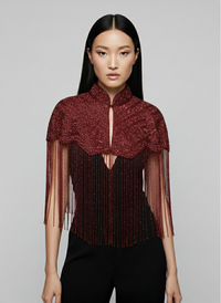 L'Jai Amor Bordeaux fringe cape with intricate fringe detailing and flowing fabric, stylish accessory for elegant outfits.