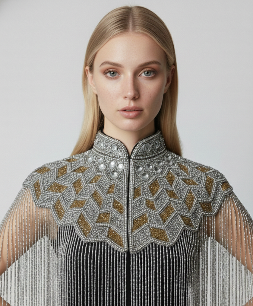 L'Jai Amor Gilded Halo Cape with shimmering gold accents, flowing fabric, and intricate detailing on a white background.