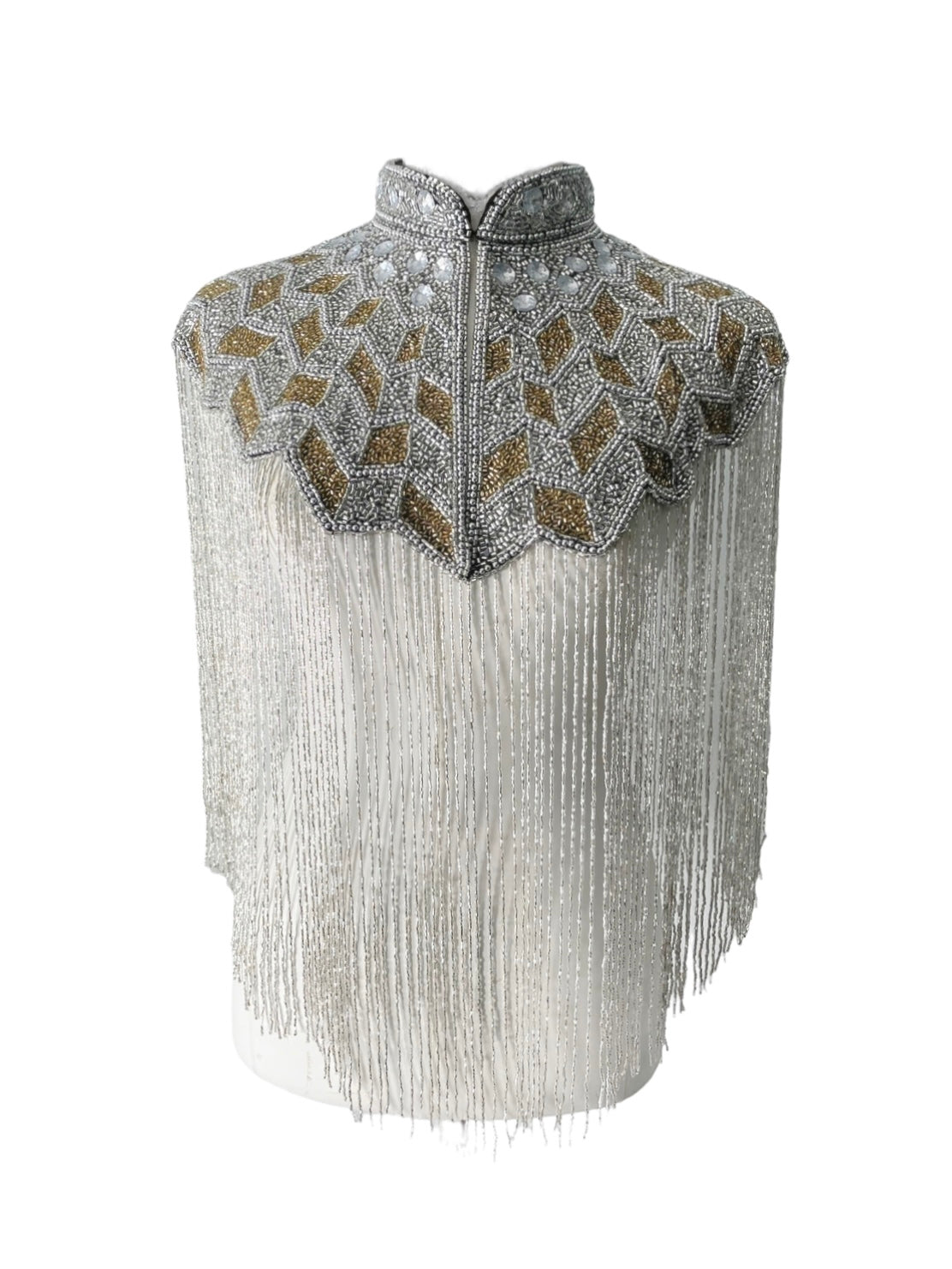 L'Jai Amor Gilded Halo Cape with intricate gold detailing, flowing fabric, and elegant design for ceremonial or formal wear.