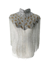 L'Jai Amor Gilded Halo Cape with intricate gold detailing, flowing fabric, and elegant design for ceremonial or formal wear.