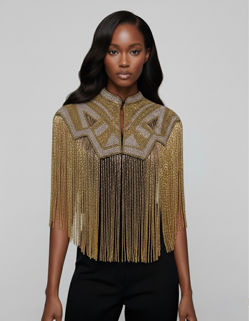 L'Jai Amor Golden Line Cape featuring luxurious gold fabric with intricate detailing and elegant draping.