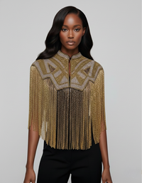 L'Jai Amor Golden Line Cape featuring luxurious gold fabric with intricate detailing and elegant draping.